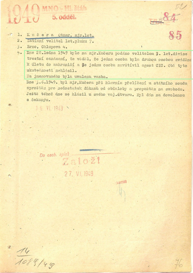 Trestní oznámení na Otmara Kučeru z roku 28. ledna 1949