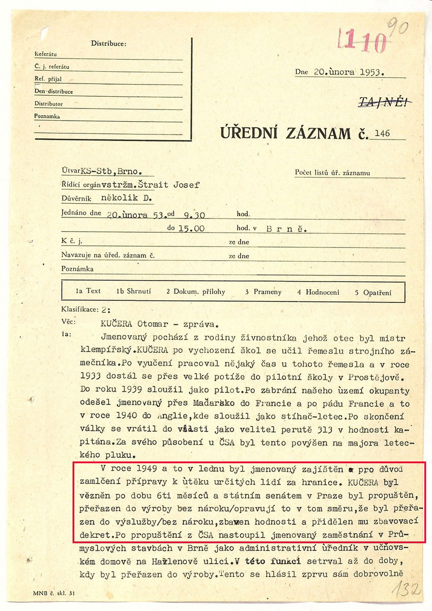 Záznam o důvodu věznění Otmara Kučery a zbavení hodnosti.