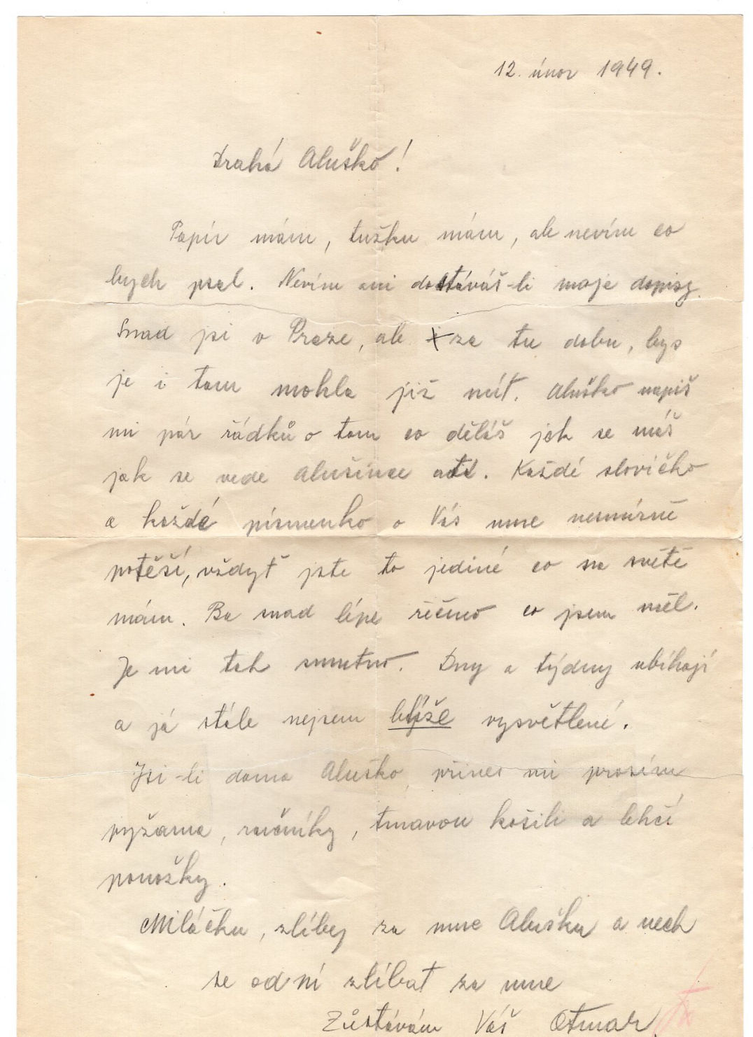 Dopis Otmara Kučery ženě z věznice.